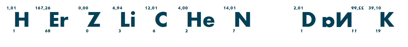 Der Schriftzug Herzlichen Dank, gesetzt aus Elementsymbolen des Periodensystems