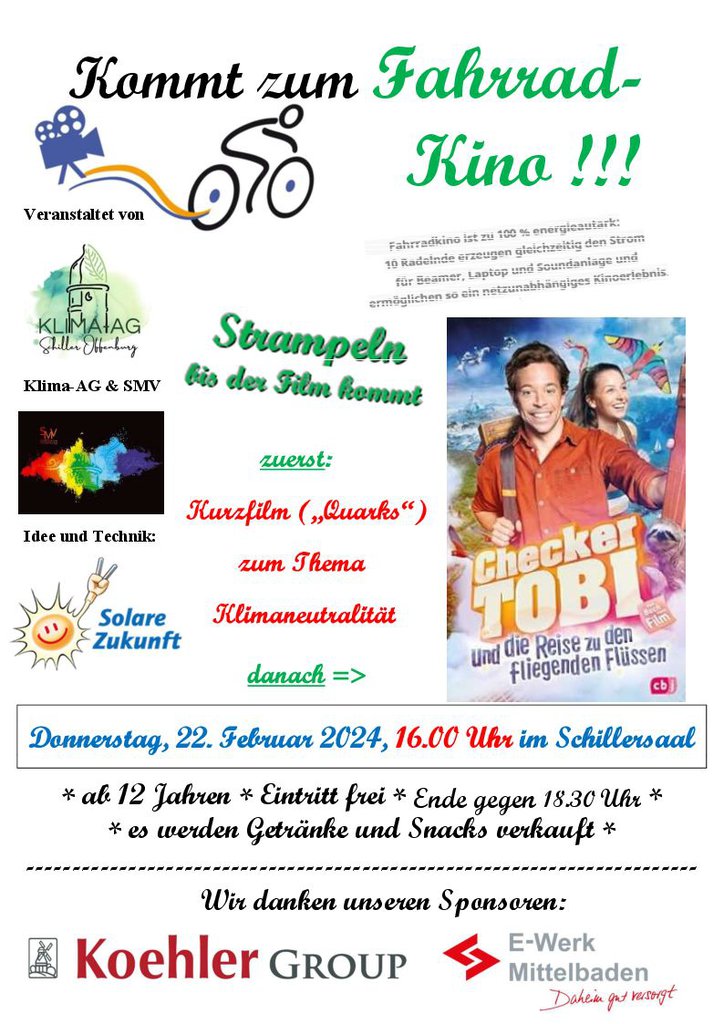 Plakat zum Fahrrad-Kino der Klima-AG und der SMV. Alle Angaben stehen im Text unter dem Bild.