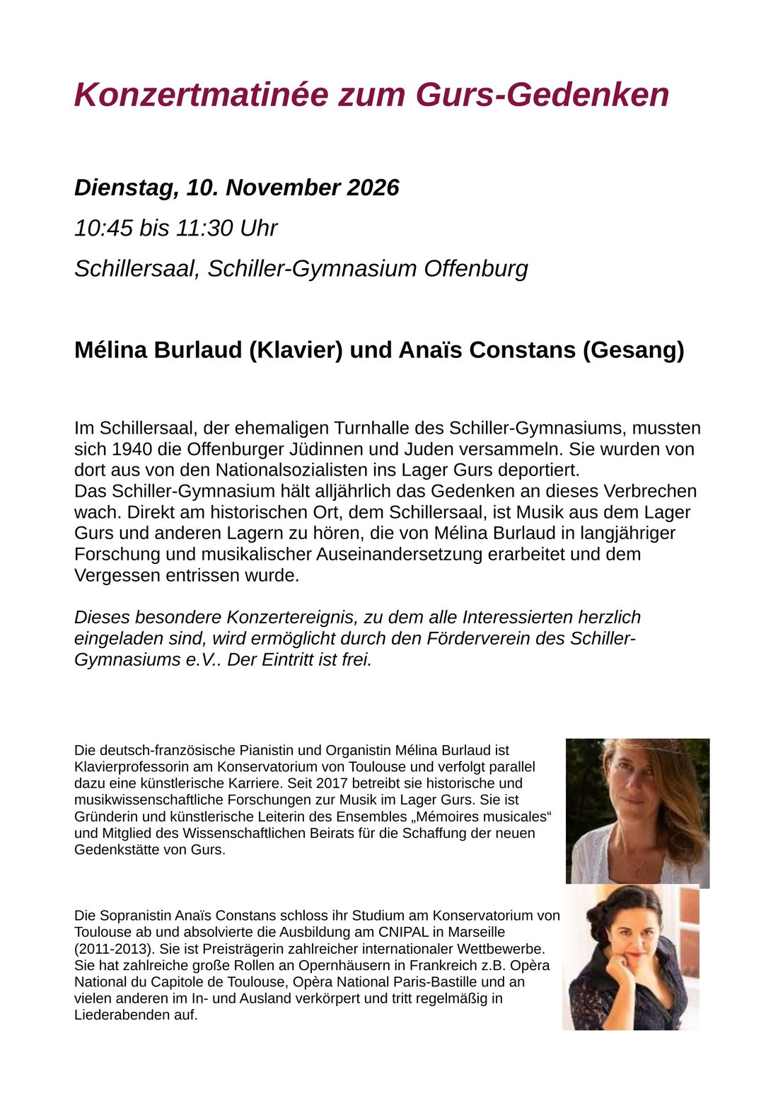 Flyer zur Konzertmatinée zum Gurs-Gedenken am 10. November 2026 mit Porträtfotos von Mélina Burlaud und Anaïs Constans. Alle Angaben stehen im Text über dem Bild.